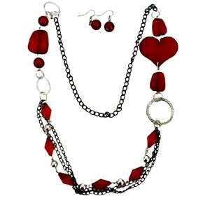 Fashion Valentine's Jewelry Necklace Earrings Set Hearts Pearls Red and Black